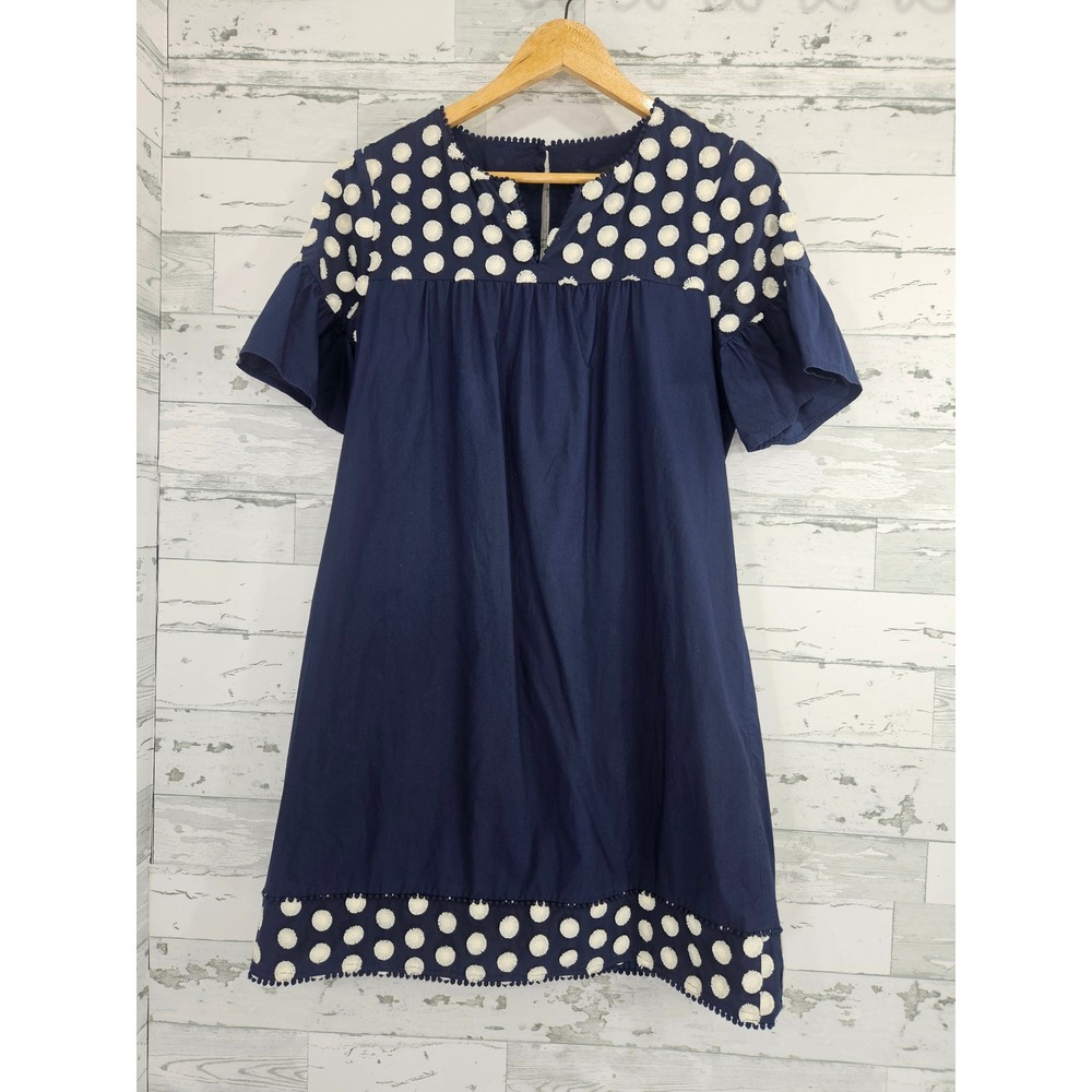 J.Crew Navy Blue Embroidered Polka Dot Pom Pom Shift Dress 10 Cotton Flutter